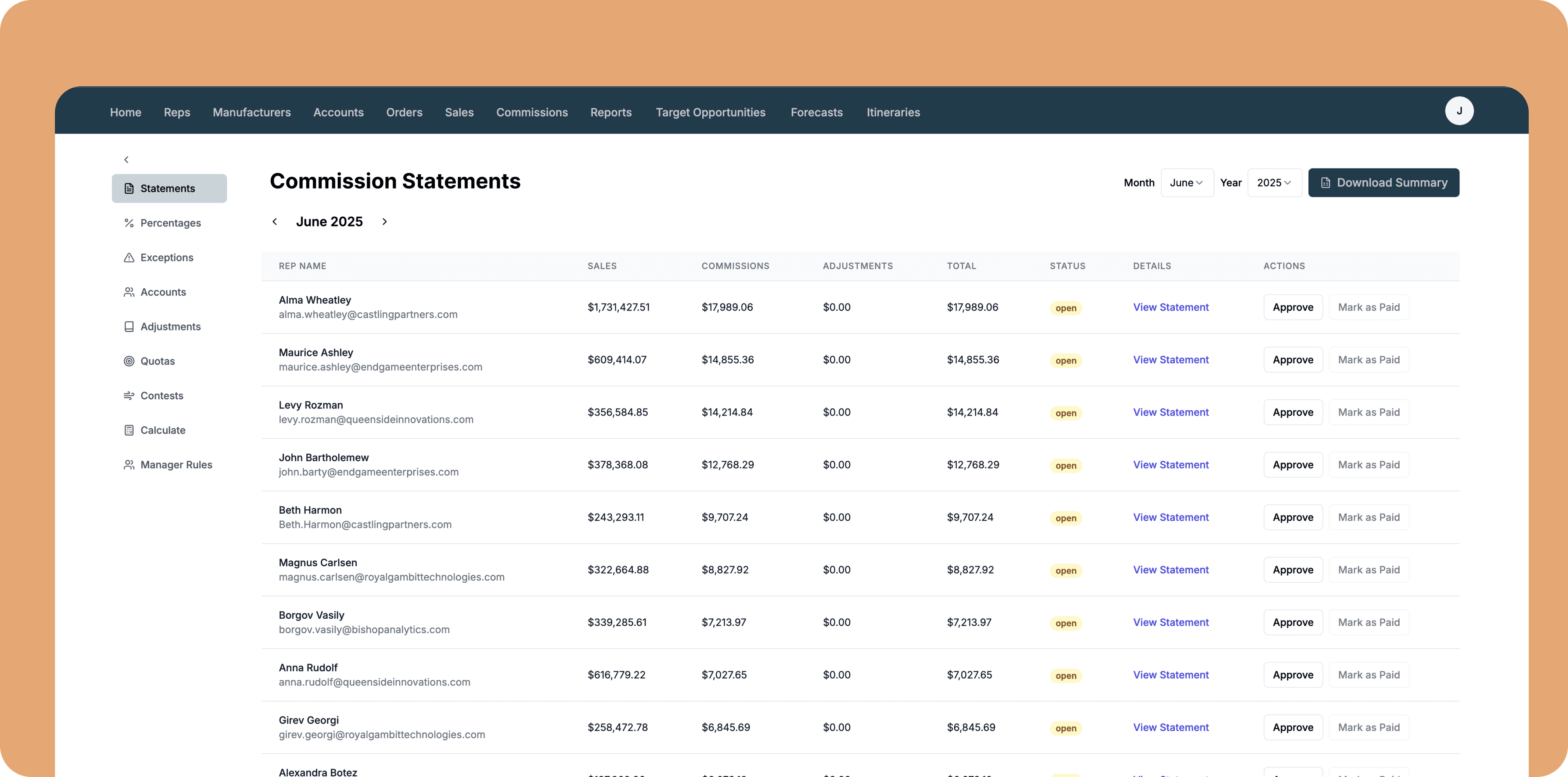 Commission management dashboard showing rep incentives and payouts